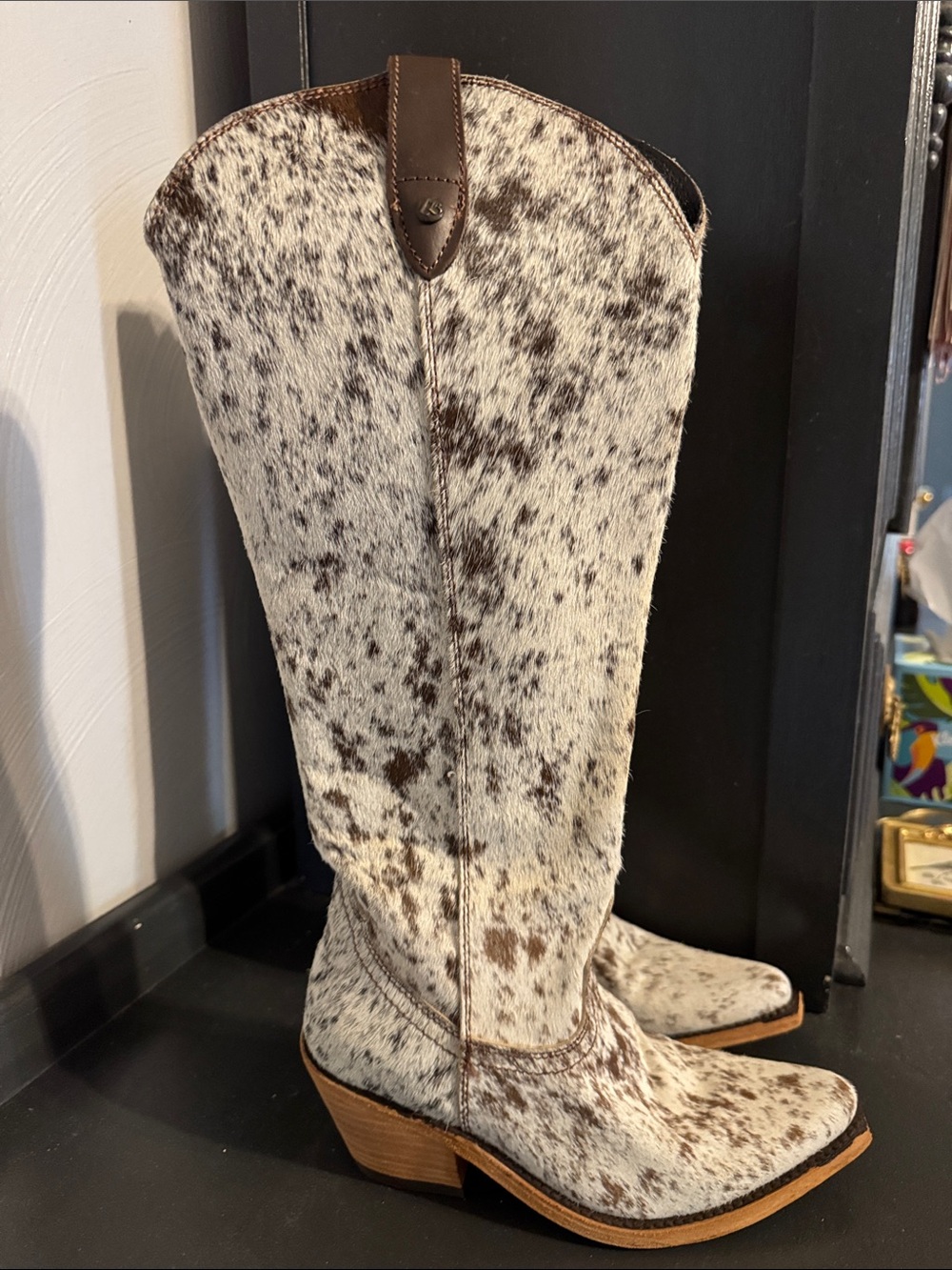 LIBERTY Black Speckled White and Brown Cowhide Western Heeled Boots